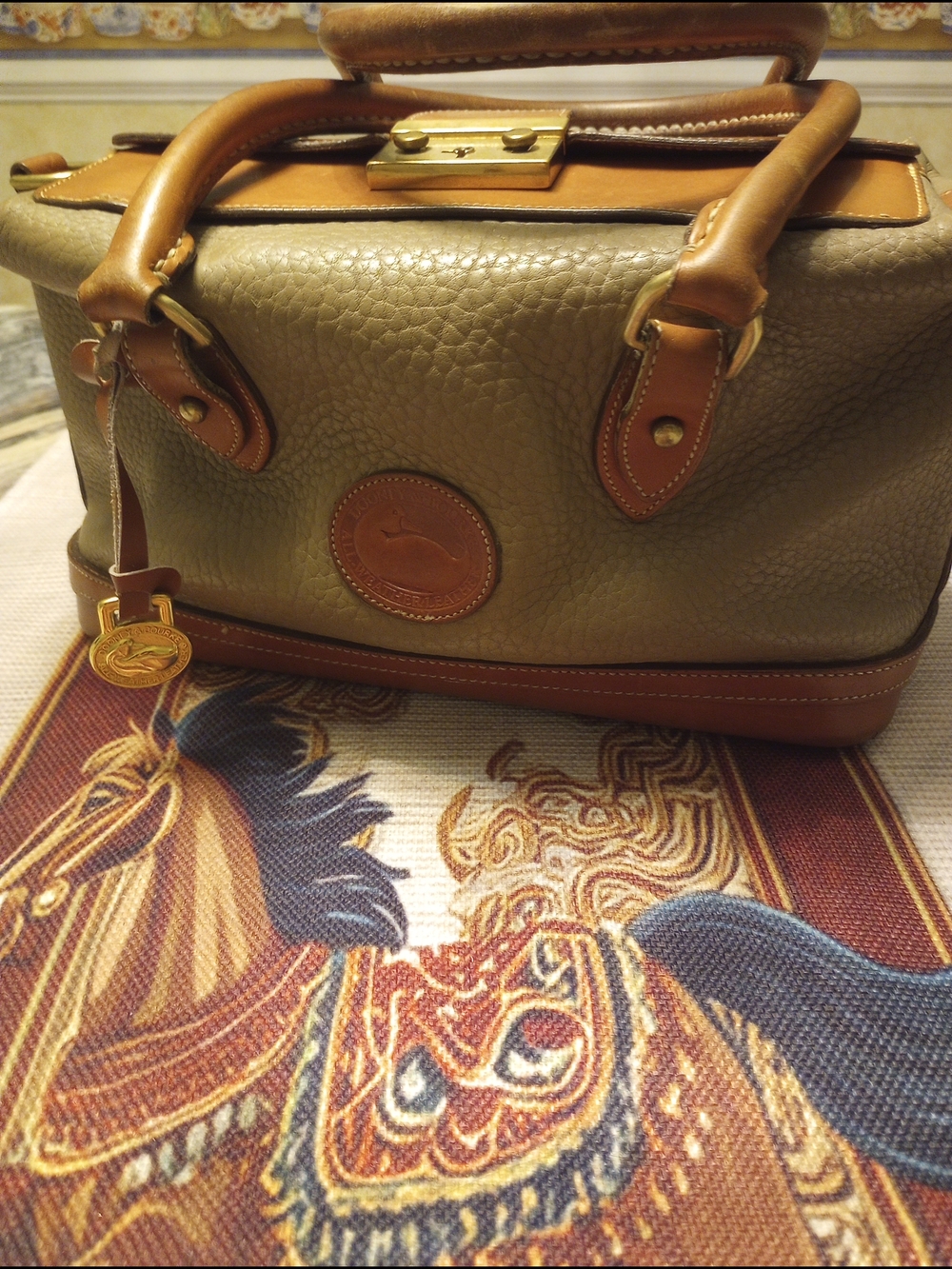 Dooney & Bourke Olive Green Leather Satchel with Tan Trim